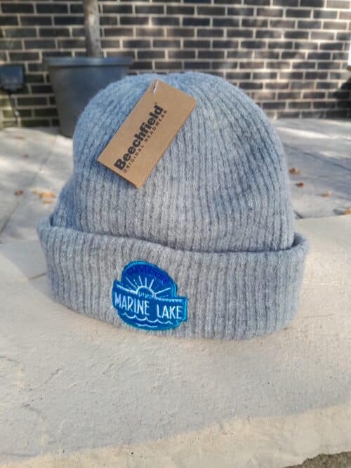 Grey ribbed beanie with an embroidered blue Clevedon Marine Lake logo on the turn-up cuff.